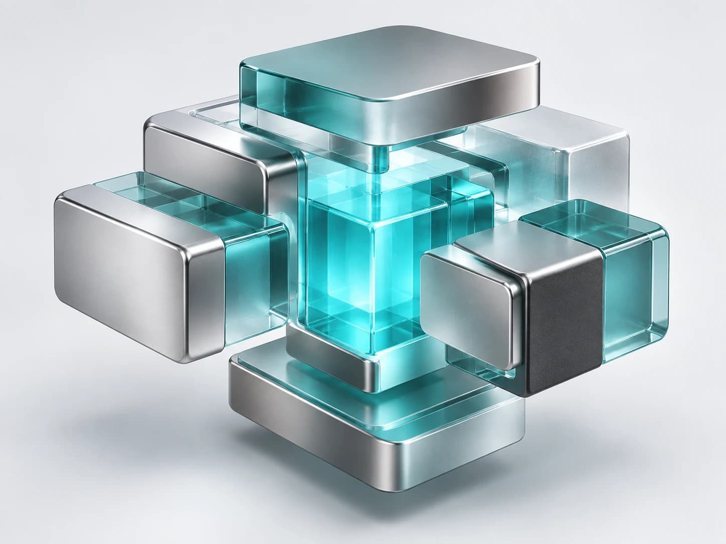 Composición 3D de módulos de cristal turquesa y metal conectados alrededor de un núcleo central